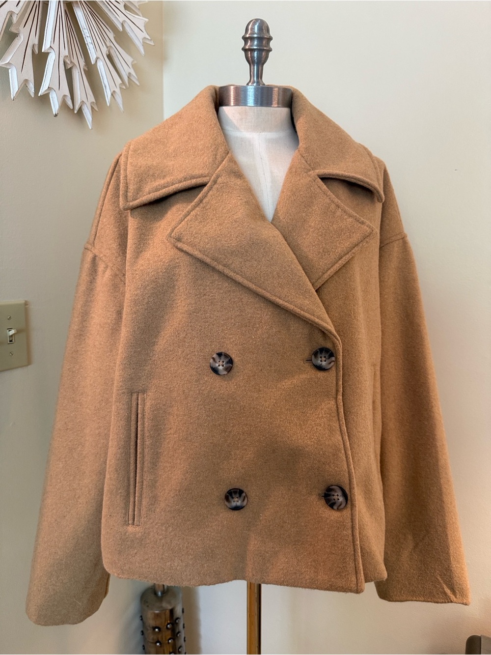 Riley & James Camel Wool Pea Coat - Short Boxy Jacket L